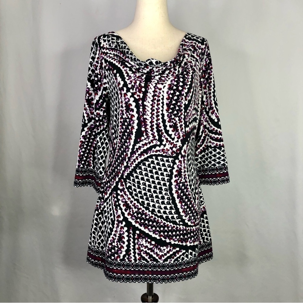 White House Black Market tunic abstract elbow length sleeves cowl neck size sm